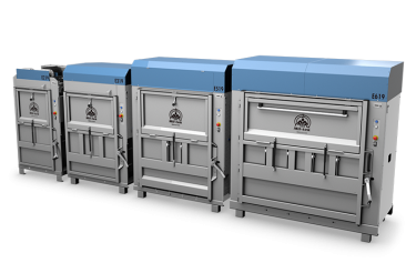 4 grey electric cardboard balers on white background