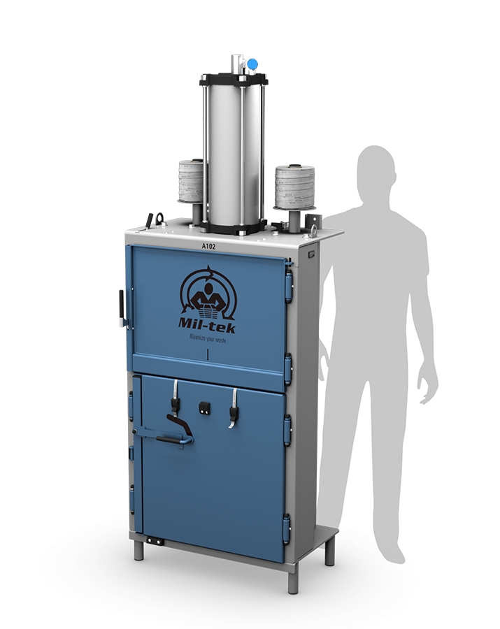 A102-2026-blue-cardboard-and-plastic-compactor-Miltek